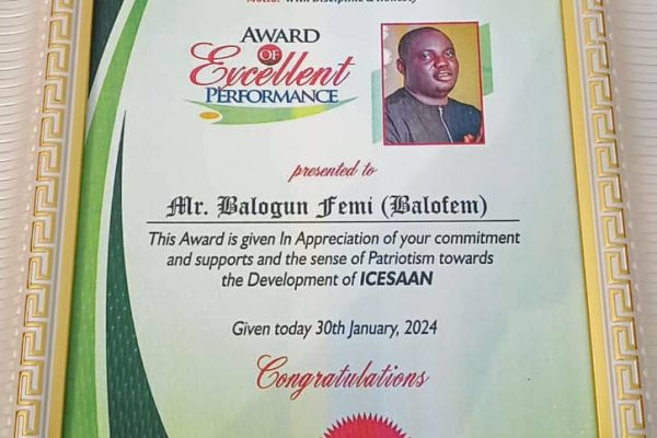 BALOFEM BAGS ANOTHER AWARD FOR HIS CONTINUOUS SUPPORT IN THE ESTATE MANAGEMENT