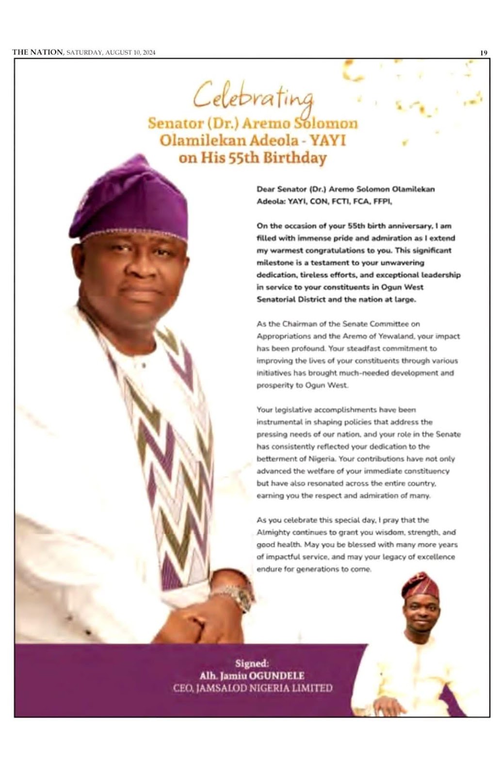 Jamsalod CEO, Jamiu Ogundele Celebrates Senator YAYI at 55 